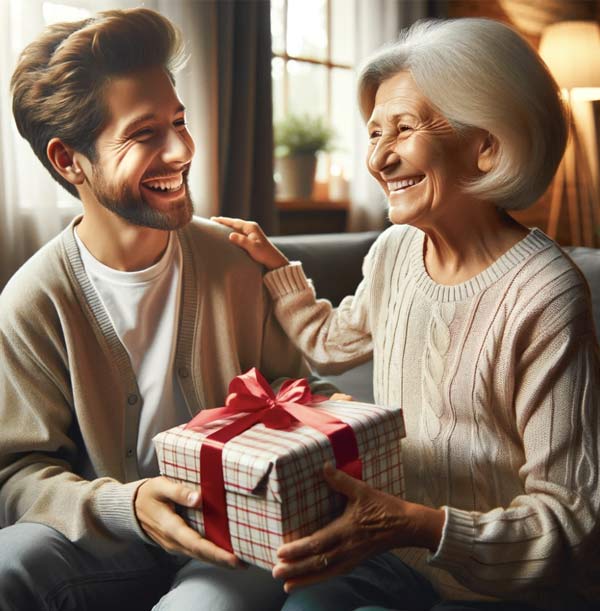 En man ger en present till en äldre kvinna.